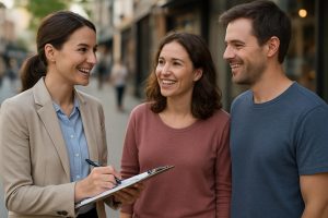 enquêtrice pose des questions dans la rue à un couple