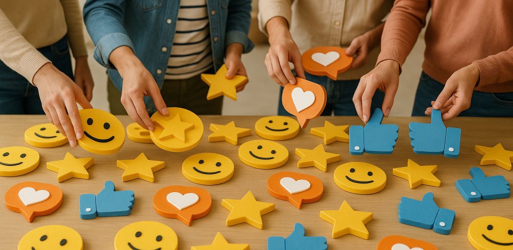 satisfaction image large Personnes manipulant des emojis colorés.
